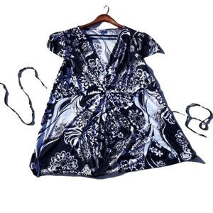 Liz Lange Maternity Dress Tie Ruffle V-neck Short Sleeve Floral Black Sz XXL‎